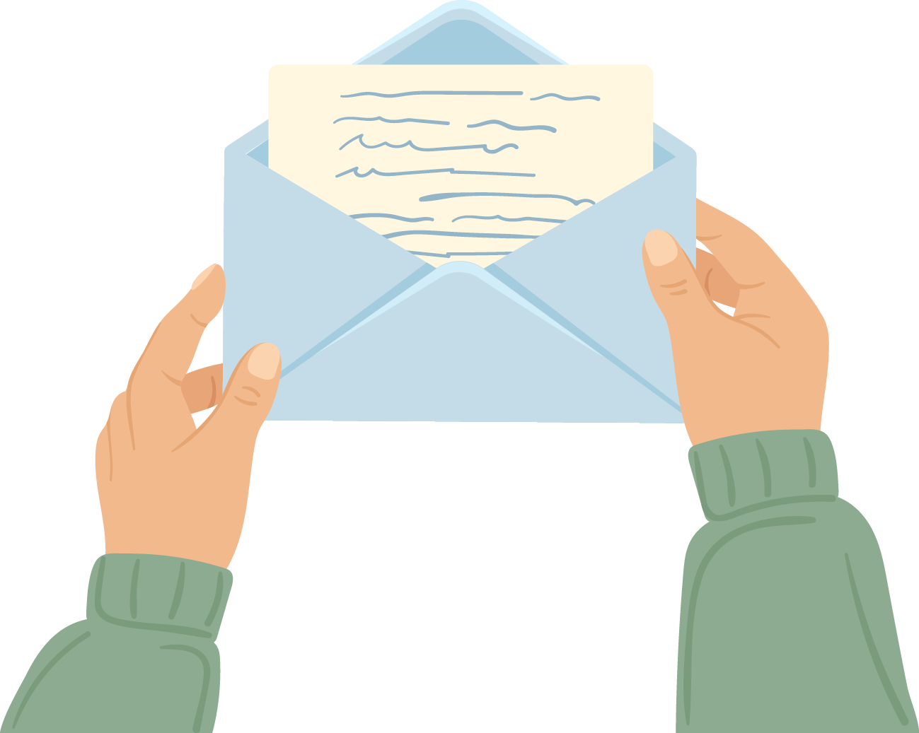 Illustration eines handgeschriebenen Briefes in einem hellblauen Umschlag steckend, gehalten von zwei Händen mit rotem Nagellack und grünen Pullover-Ärmeln